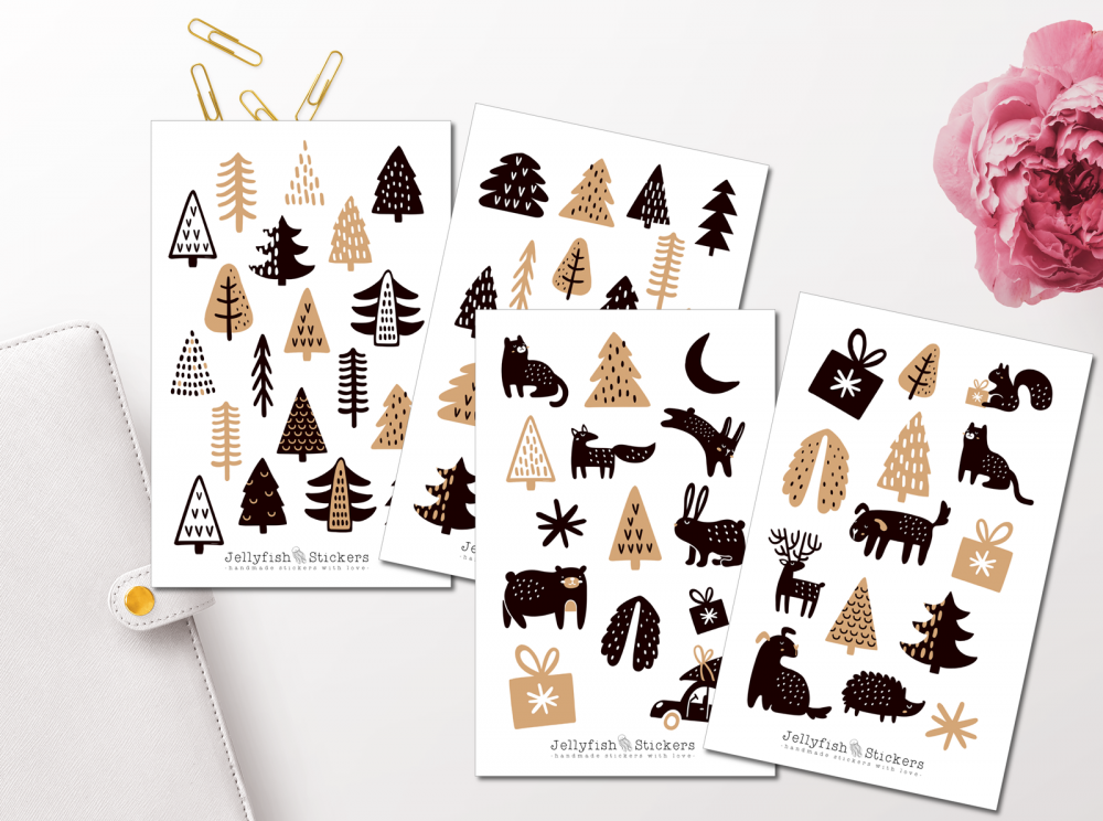 Weihnachten Bäume und Tiere Sticker Set